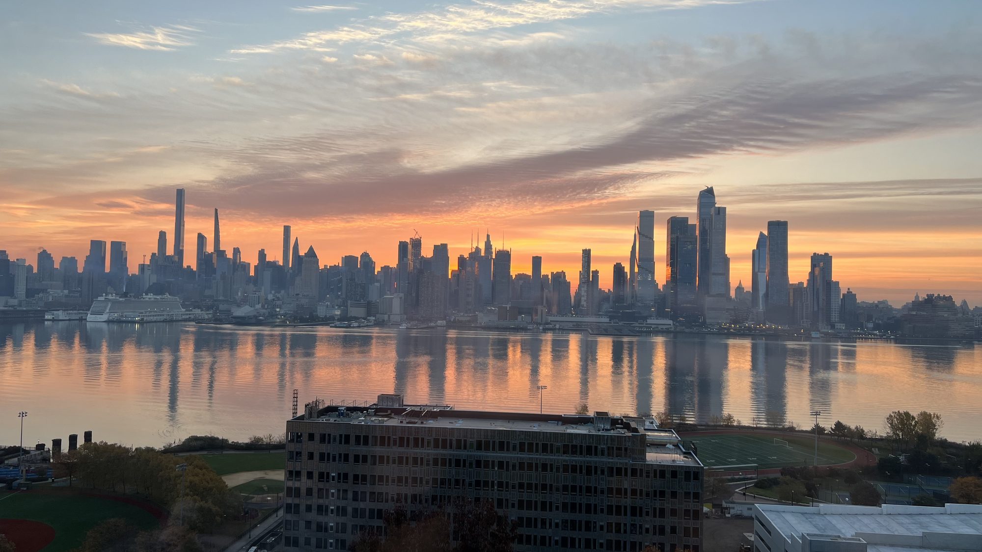 Manhattan skyline at sunset across the Hudson
